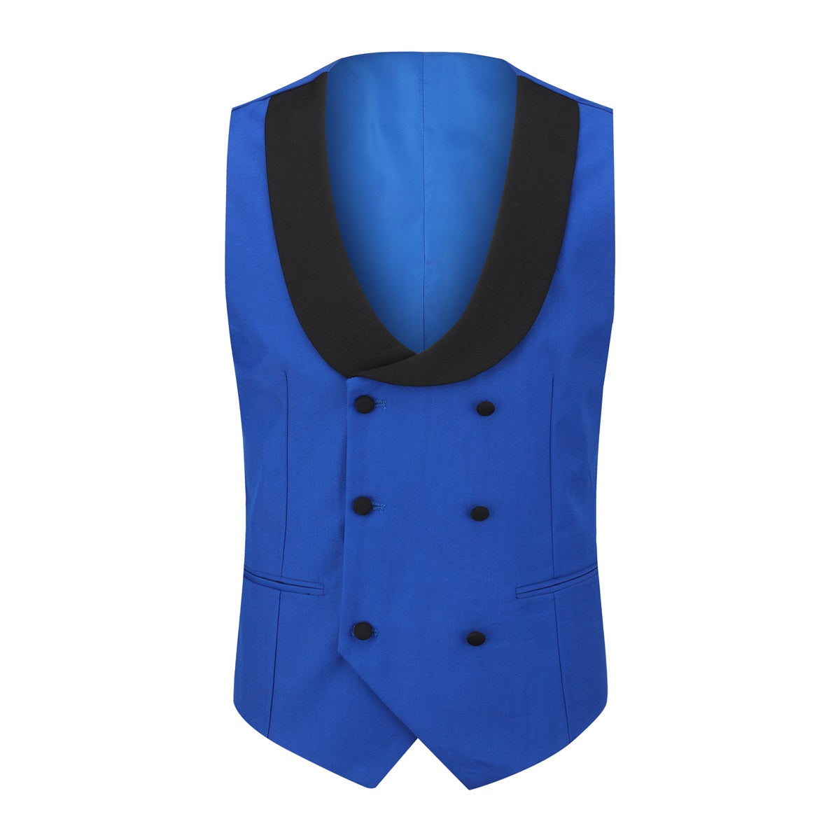 Blue # Men's 3-piece one-button slim fit tuxedo suit with peaked lapel and button closure, blue formal blazer jacket with matching vest and flat-front trousers with extended waist strap, elegant polyester viscose blend wedding suit for prom, business and formal occasions, isolated on white background.