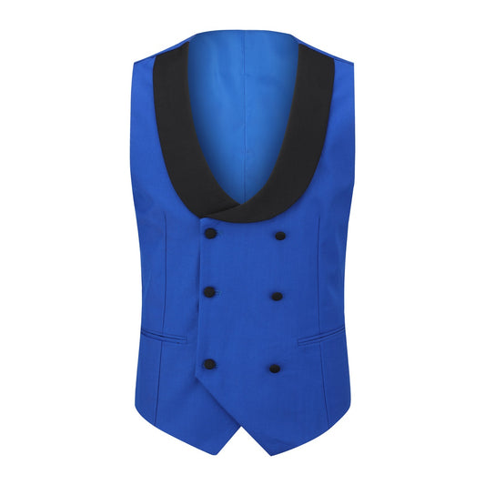 Blue # Men's 3-piece one-button slim fit tuxedo suit with peaked lapel and button closure, blue formal blazer jacket with matching vest and flat-front trousers with extended waist strap, elegant polyester viscose blend wedding suit for prom, business and formal occasions, isolated on white background.