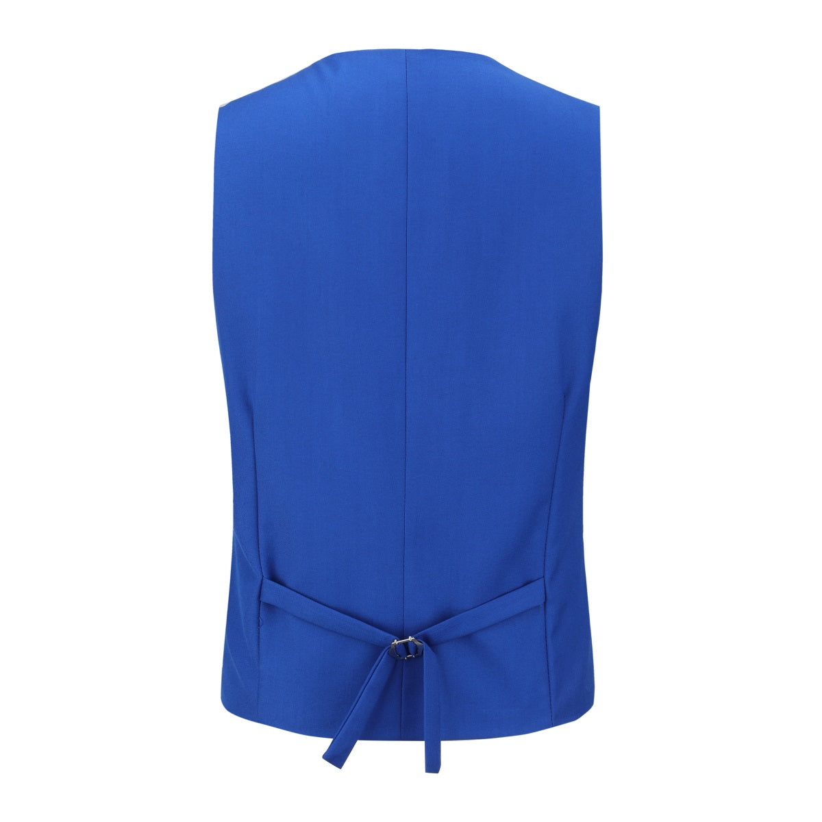 Blue # Men's 3-piece one-button slim fit tuxedo suit with peaked lapel and button closure, blue formal blazer jacket with matching vest and flat-front trousers with extended waist strap, elegant polyester viscose blend wedding suit for prom, business and formal occasions, isolated on white background.