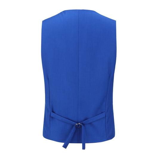 Blue # Men's 3-piece one-button slim fit tuxedo suit with peaked lapel and button closure, blue formal blazer jacket with matching vest and flat-front trousers with extended waist strap, elegant polyester viscose blend wedding suit for prom, business and formal occasions, isolated on white background.