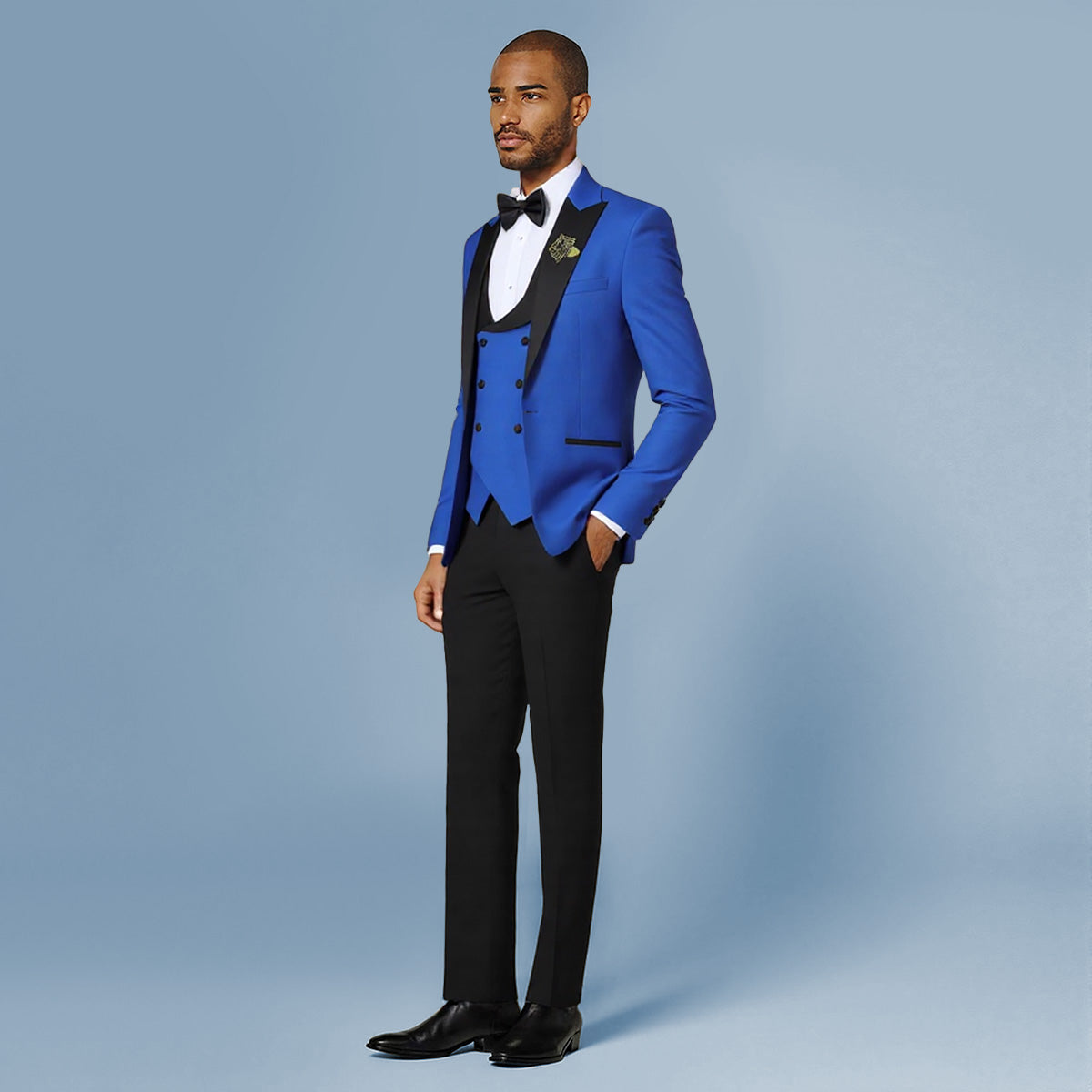 Blue # Men's 3-piece one-button slim fit tuxedo suit with peaked lapel and button closure, blue formal blazer jacket with matching vest and flat-front trousers with extended waist strap, elegant polyester viscose blend wedding suit for prom, business and formal occasions, isolated on white background.