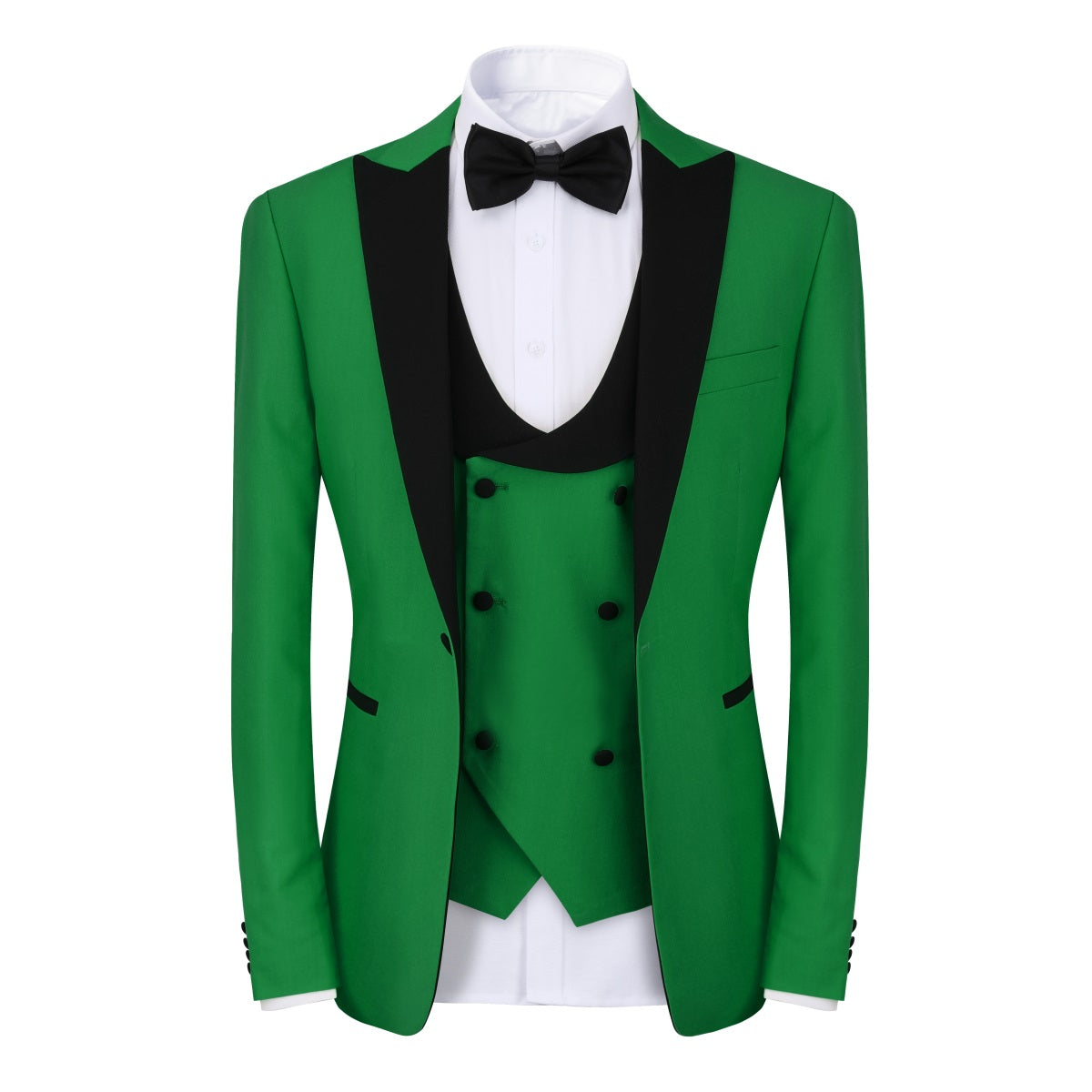 Green # Men's 3-piece one-button slim fit tuxedo suit with peaked lapel and button closure, green formal blazer jacket with matching vest and flat-front trousers with extended waist strap, elegant polyester viscose blend wedding suit for prom, business and formal occasions, isolated on white background.