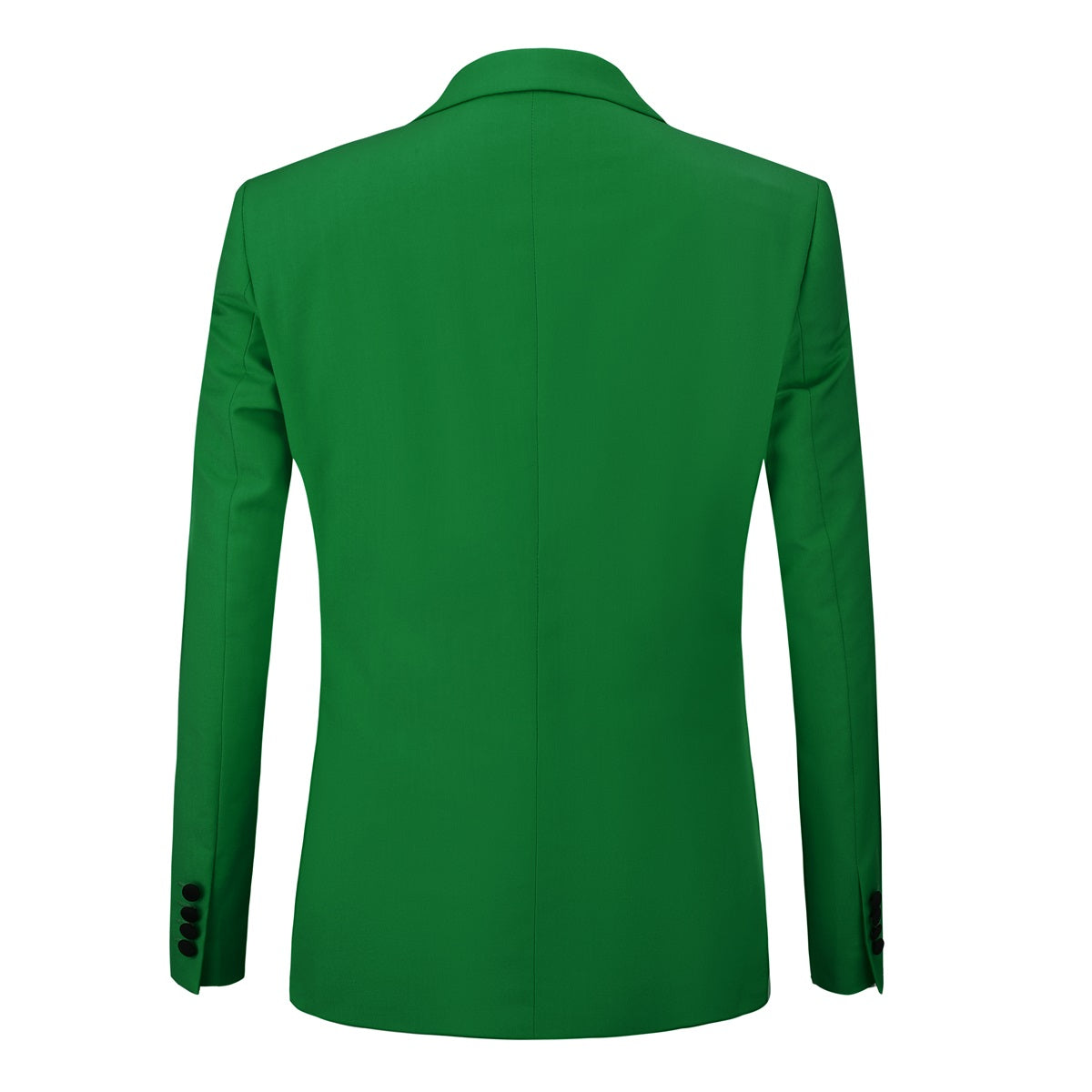 Green # Men's 3-piece one-button slim fit tuxedo suit with peaked lapel and button closure, green formal blazer jacket with matching vest and flat-front trousers with extended waist strap, elegant polyester viscose blend wedding suit for prom, business and formal occasions, isolated on white background.