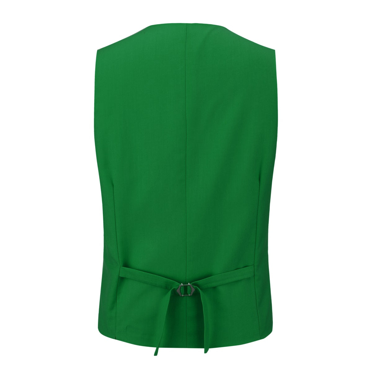 Green # Men's 3-piece one-button slim fit tuxedo suit with peaked lapel and button closure, green formal blazer jacket with matching vest and flat-front trousers with extended waist strap, elegant polyester viscose blend wedding suit for prom, business and formal occasions, isolated on white background.