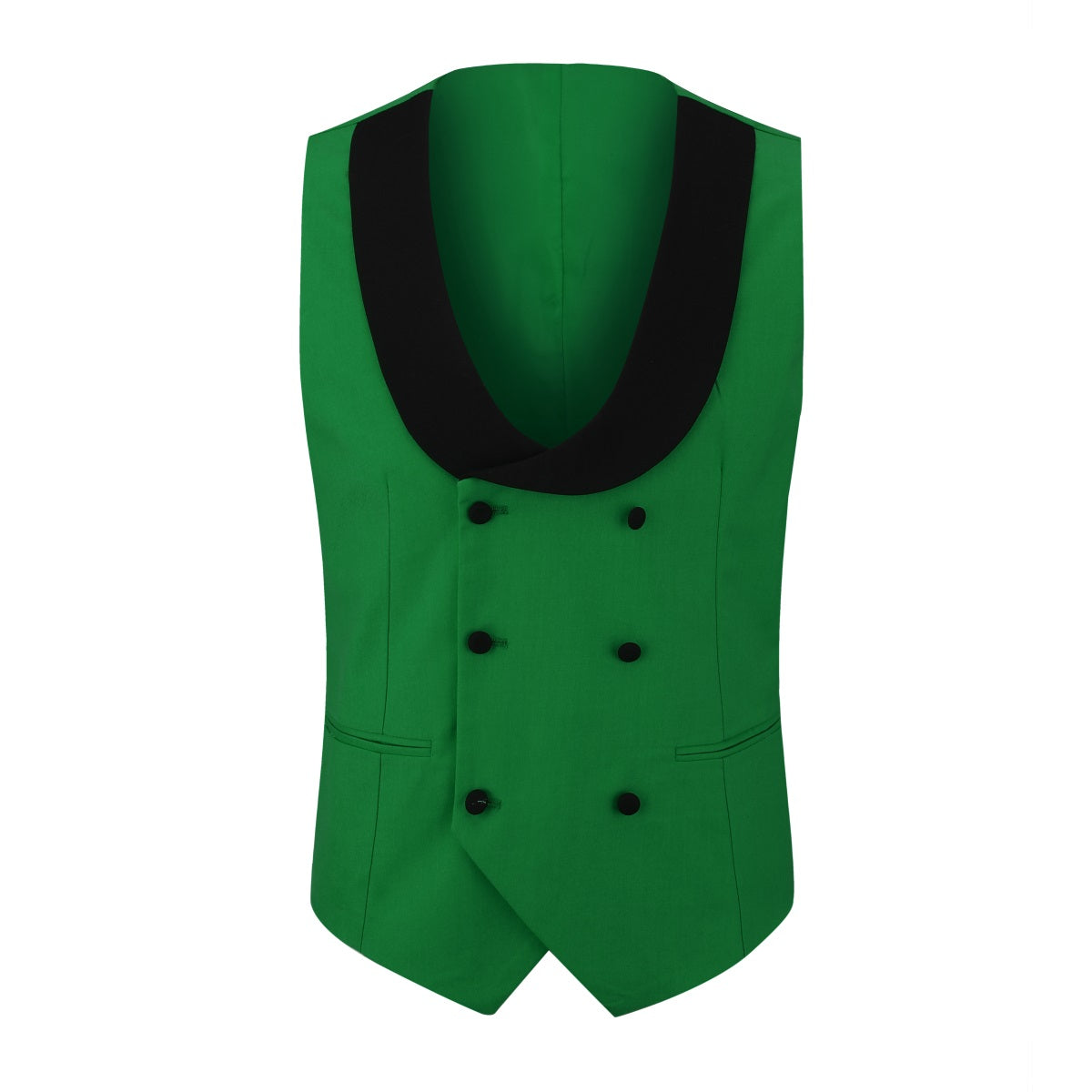 Green # Men's 3-piece one-button slim fit tuxedo suit with peaked lapel and button closure, green formal blazer jacket with matching vest and flat-front trousers with extended waist strap, elegant polyester viscose blend wedding suit for prom, business and formal occasions, isolated on white background.
