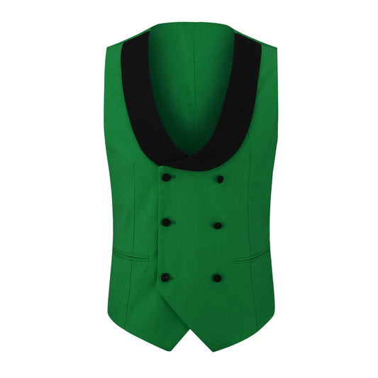 Green # Men's 3-piece one-button slim fit tuxedo suit with peaked lapel and button closure, green formal blazer jacket with matching vest and flat-front trousers with extended waist strap, elegant polyester viscose blend wedding suit for prom, business and formal occasions, isolated on white background.