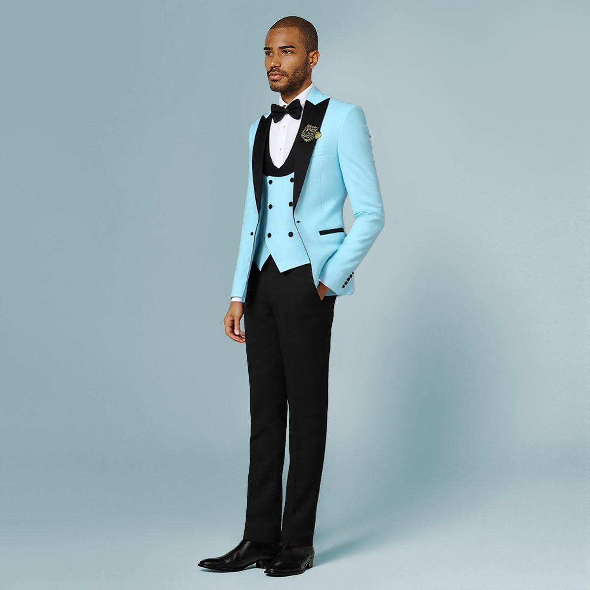 Light Blue # Men's 3-piece one-button slim fit tuxedo suit with peaked lapel and button closure, light blue formal blazer jacket with matching vest and flat-front trousers with extended waist strap, elegant polyester viscose blend wedding suit for prom, business and formal occasions, isolated on white background.