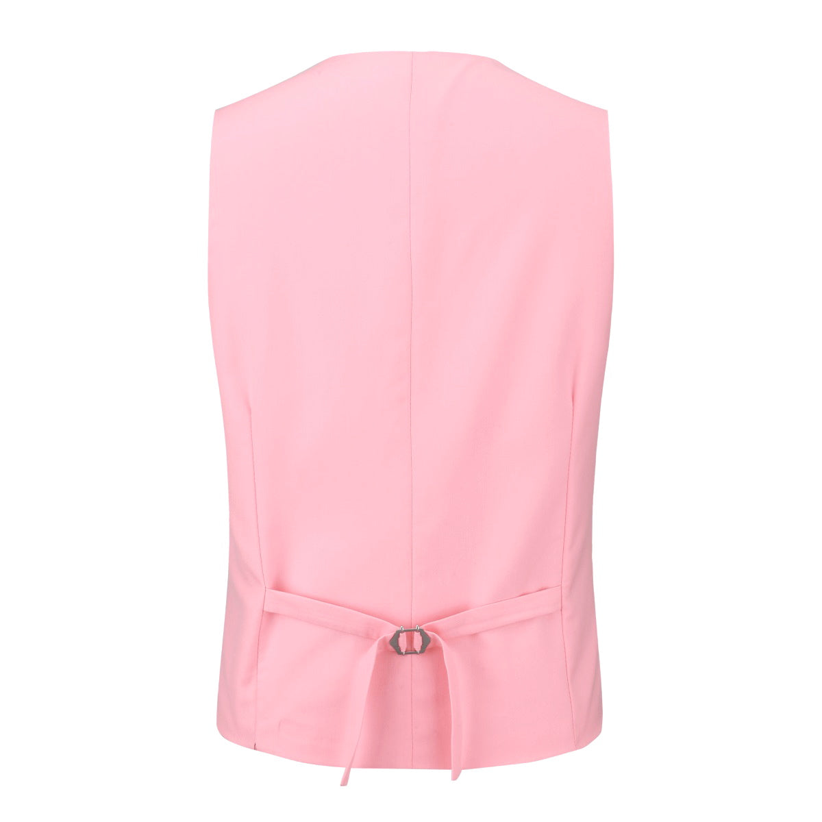 Pink # Men's slim fit 3-piece tuxedo suit with one-button peaked lapel and single-breasted closure, pink formal blazer jacket with matching vest and flat-front trousers with extended waist strap, elegant polyester viscose suit for wedding, prom, party and formal occasions, isolated on white background.
