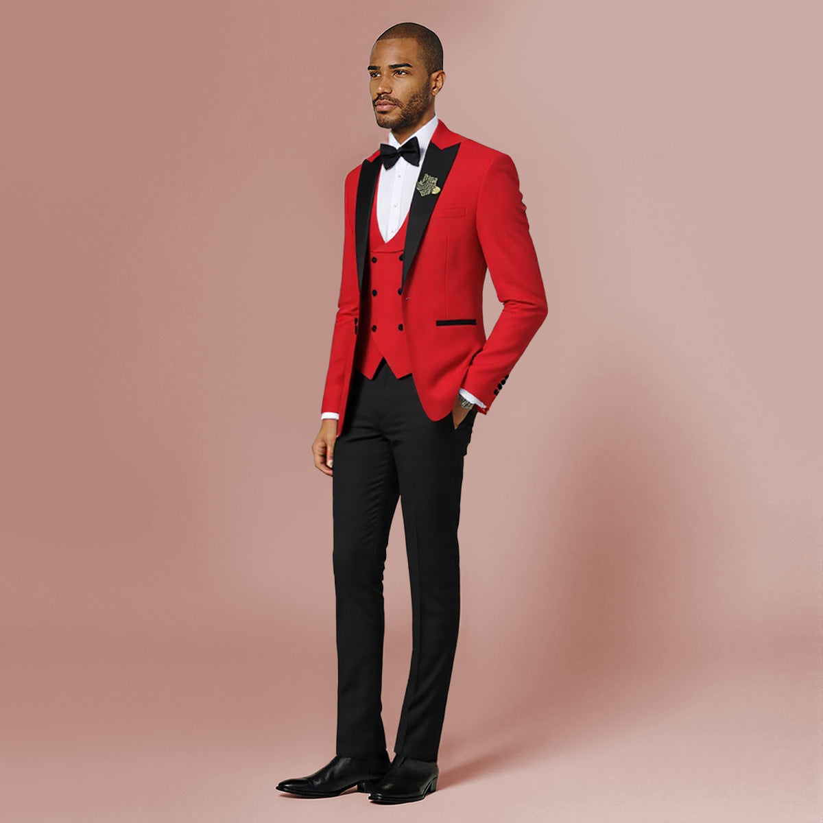 Red # Men's 3-piece one-button slim fit tuxedo suit with peaked lapel and button closure, red formal blazer jacket with matching vest and flat-front trousers with extended waist strap, elegant polyester viscose blend wedding suit for prom, business and formal occasions, isolated on white background.