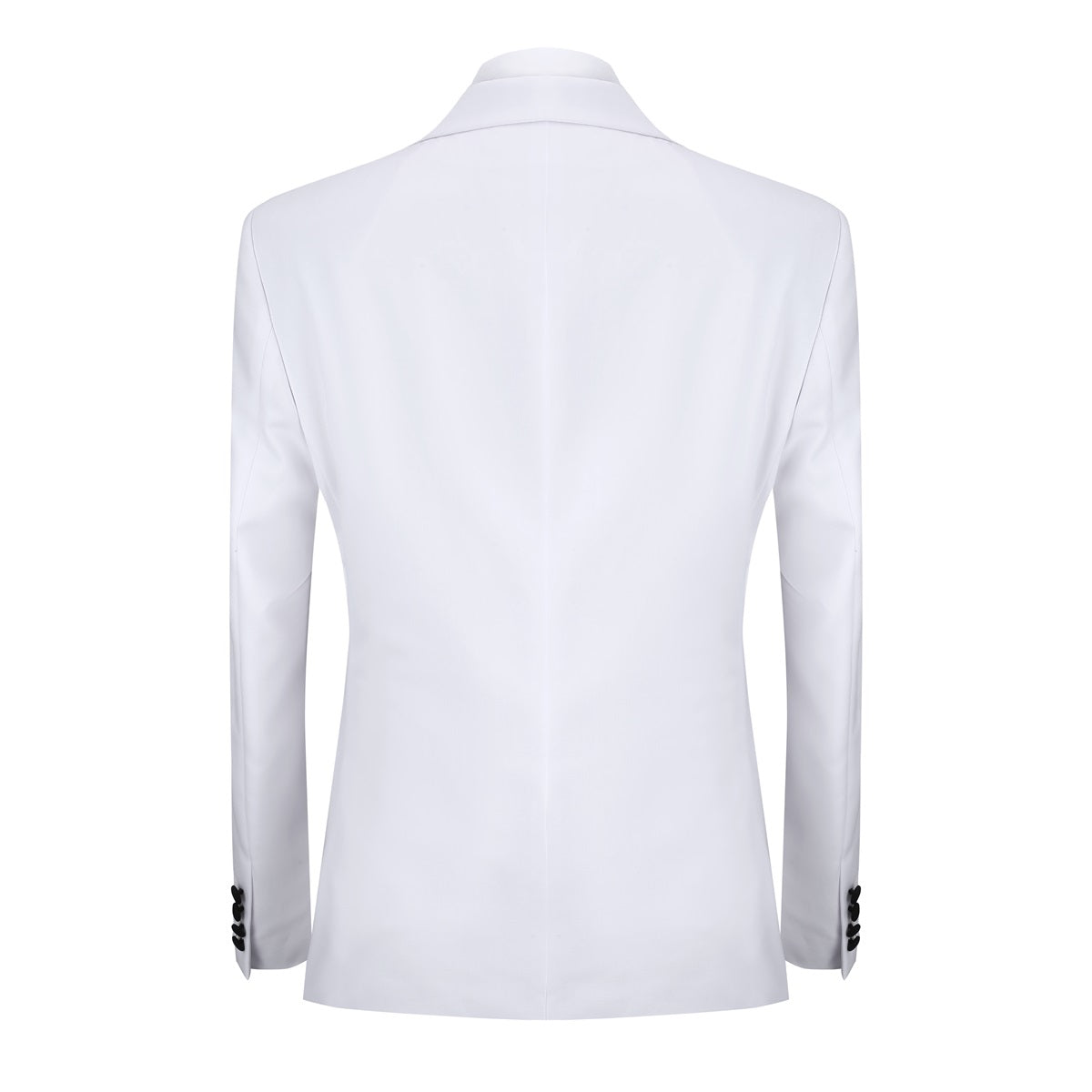 White # Men's 3-piece one-button slim fit tuxedo suit with peaked lapel and button closure, white formal blazer jacket with matching vest and flat-front trousers with extended waist strap, elegant polyester viscose blend wedding suit for prom, business and formal occasions, isolated on white background.