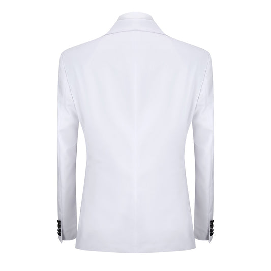 White # Men's 3-piece one-button slim fit tuxedo suit with peaked lapel and button closure, white formal blazer jacket with matching vest and flat-front trousers with extended waist strap, elegant polyester viscose blend wedding suit for prom, business and formal occasions, isolated on white background.