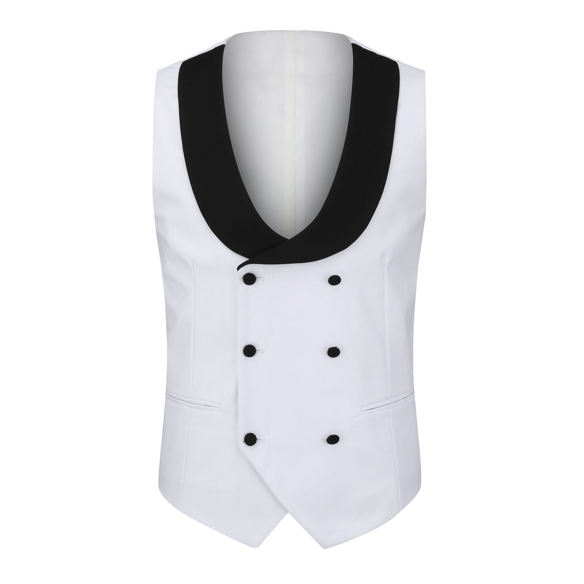 White # Men's 3-piece one-button slim fit tuxedo suit with peaked lapel and button closure, white formal blazer jacket with matching vest and flat-front trousers with extended waist strap, elegant polyester viscose blend wedding suit for prom, business and formal occasions, isolated on white background.