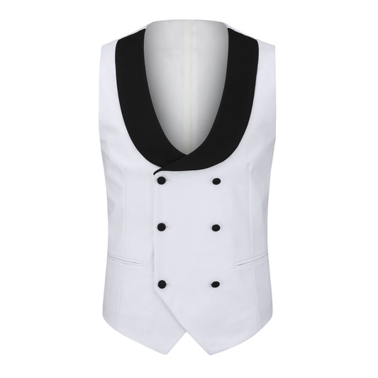 White # Men's 3-piece one-button slim fit tuxedo suit with peaked lapel and button closure, white formal blazer jacket with matching vest and flat-front trousers with extended waist strap, elegant polyester viscose blend wedding suit for prom, business and formal occasions, isolated on white background.