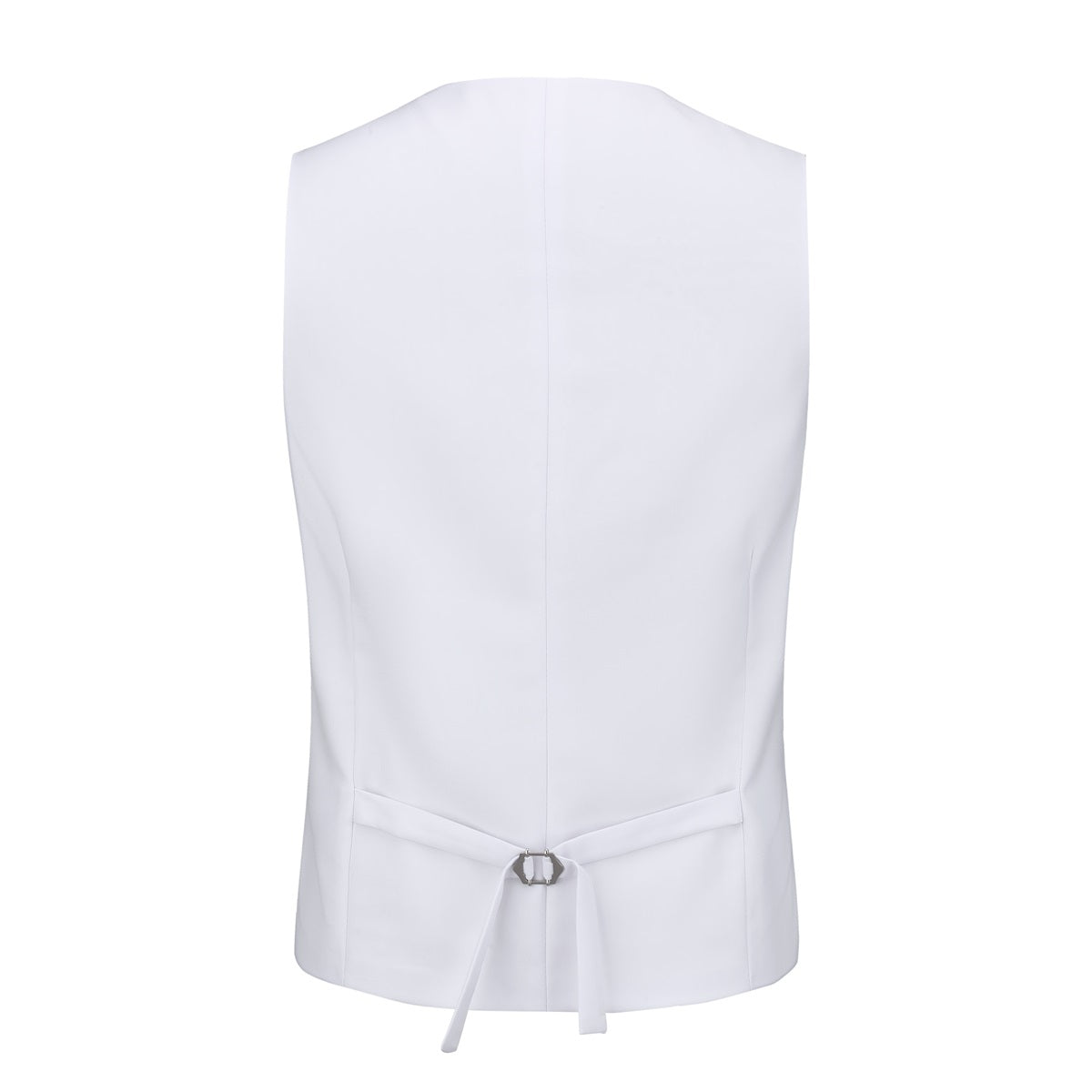 White # Men's 3-piece one-button slim fit tuxedo suit with peaked lapel and button closure, white formal blazer jacket with matching vest and flat-front trousers with extended waist strap, elegant polyester viscose blend wedding suit for prom, business and formal occasions, isolated on white background.