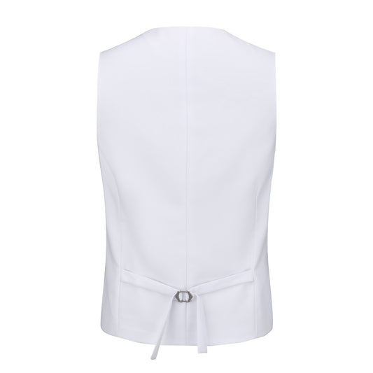 White # Men's 3-piece one-button slim fit tuxedo suit with peaked lapel and button closure, white formal blazer jacket with matching vest and flat-front trousers with extended waist strap, elegant polyester viscose blend wedding suit for prom, business and formal occasions, isolated on white background.