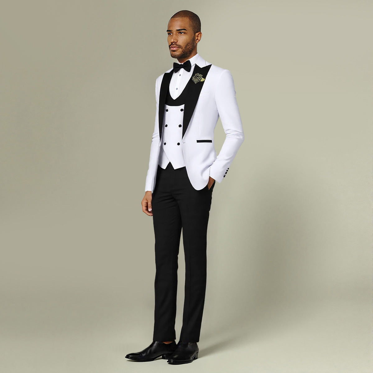 White # Men's 3-piece one-button slim fit tuxedo suit with peaked lapel and button closure, white formal blazer jacket with matching vest and flat-front trousers with extended waist strap, elegant polyester viscose blend wedding suit for prom, business and formal occasions, isolated on white background.