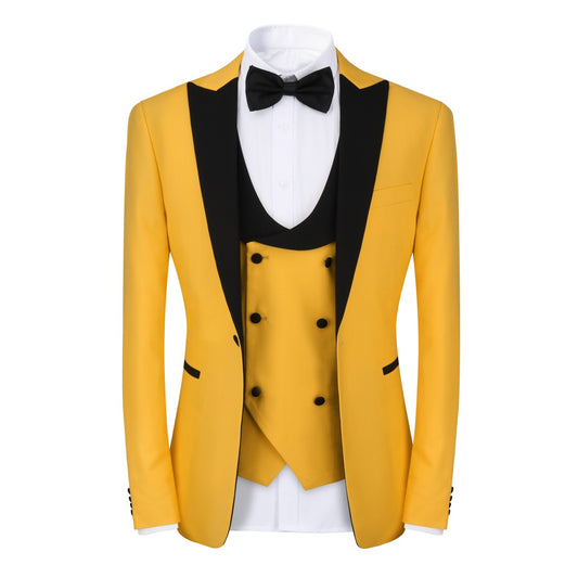 Yellow # Men's 3-piece one-button slim fit tuxedo suit with peaked lapel and button closure, yellow formal blazer jacket with matching vest and flat-front trousers with extended waist strap, elegant polyester viscose blend wedding suit for prom, business and formal occasions, isolated on white background.