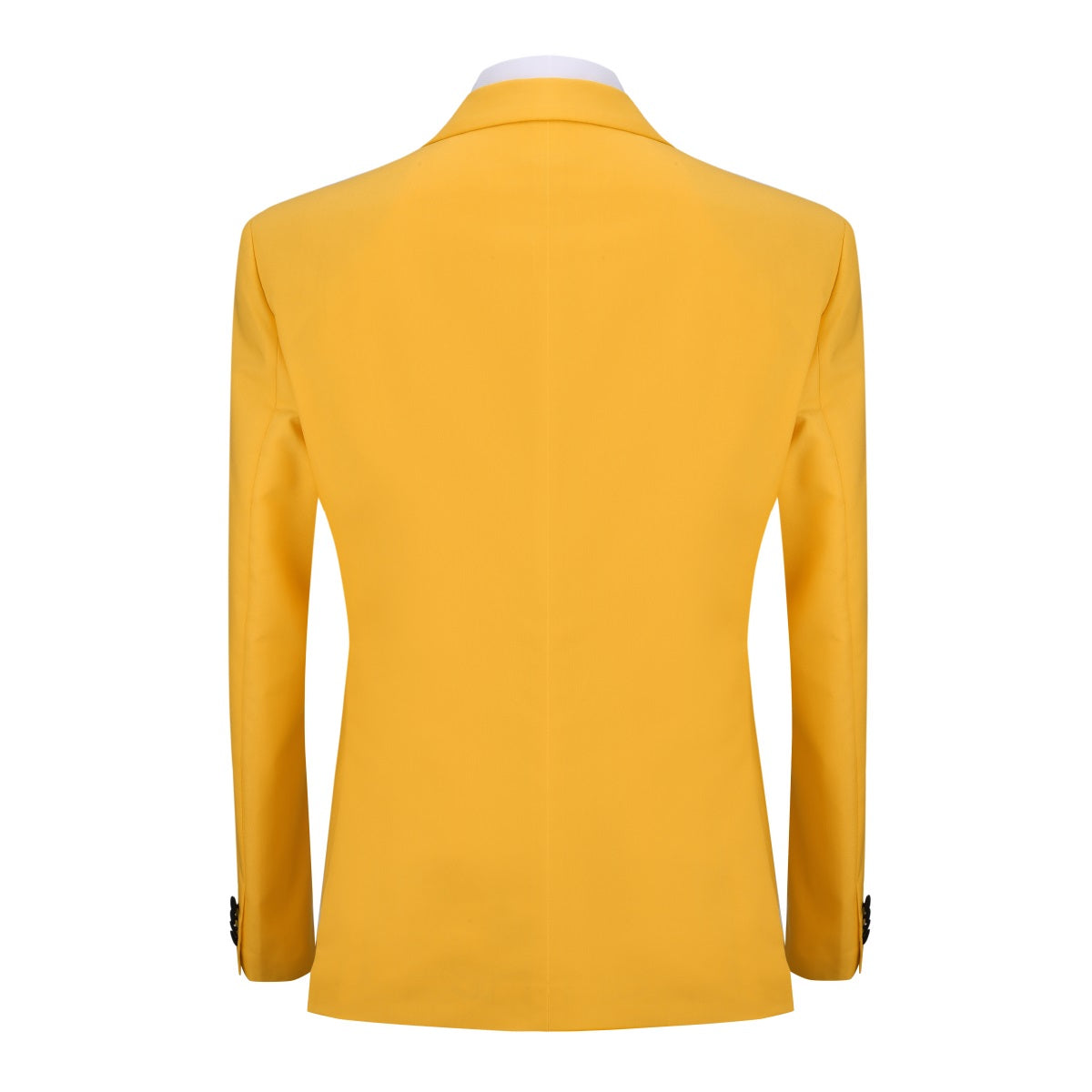 Yellow # Men's 3-piece one-button slim fit tuxedo suit with peaked lapel and button closure, yellow formal blazer jacket with matching vest and flat-front trousers with extended waist strap, elegant polyester viscose blend wedding suit for prom, business and formal occasions, isolated on white background.