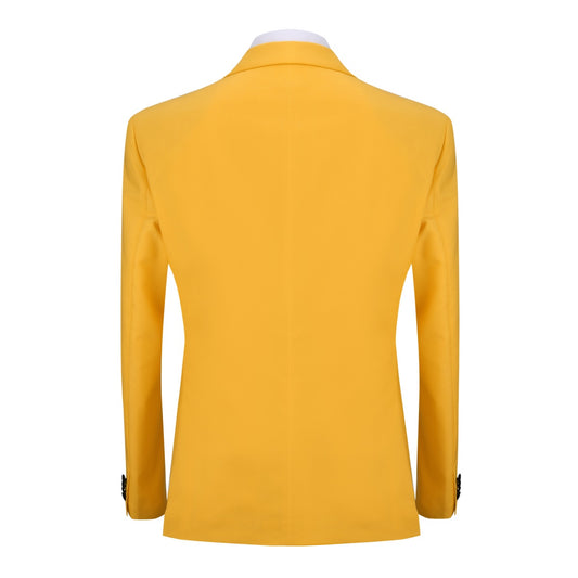 Yellow # Men's 3-piece one-button slim fit tuxedo suit with peaked lapel and button closure, yellow formal blazer jacket with matching vest and flat-front trousers with extended waist strap, elegant polyester viscose blend wedding suit for prom, business and formal occasions, isolated on white background.