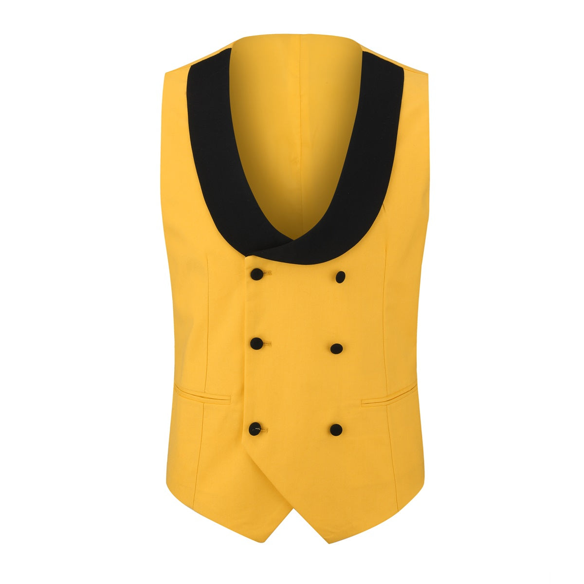 Yellow # Men's 3-piece one-button slim fit tuxedo suit with peaked lapel and button closure, yellow formal blazer jacket with matching vest and flat-front trousers with extended waist strap, elegant polyester viscose blend wedding suit for prom, business and formal occasions, isolated on white background.