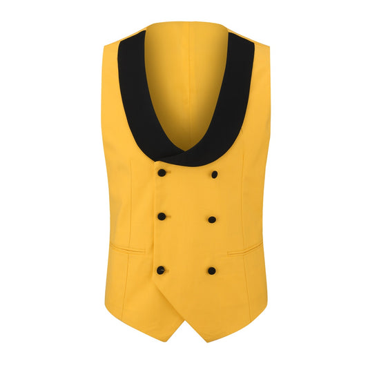 Yellow # Men's 3-piece one-button slim fit tuxedo suit with peaked lapel and button closure, yellow formal blazer jacket with matching vest and flat-front trousers with extended waist strap, elegant polyester viscose blend wedding suit for prom, business and formal occasions, isolated on white background.
