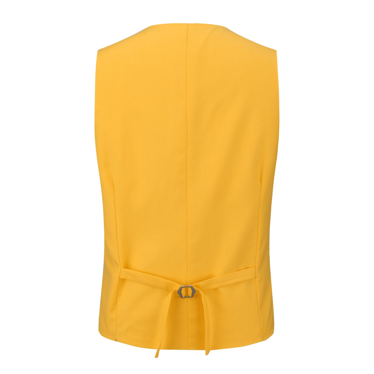 Yellow # Men's 3-piece one-button slim fit tuxedo suit with peaked lapel and button closure, yellow formal blazer jacket with matching vest and flat-front trousers with extended waist strap, elegant polyester viscose blend wedding suit for prom, business and formal occasions, isolated on white background.