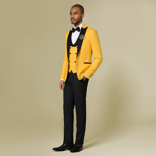 Yellow # Men's 3-piece one-button slim fit tuxedo suit with peaked lapel and button closure, yellow formal blazer jacket with matching vest and flat-front trousers with extended waist strap, elegant polyester viscose blend wedding suit for prom, business and formal occasions, isolated on white background.