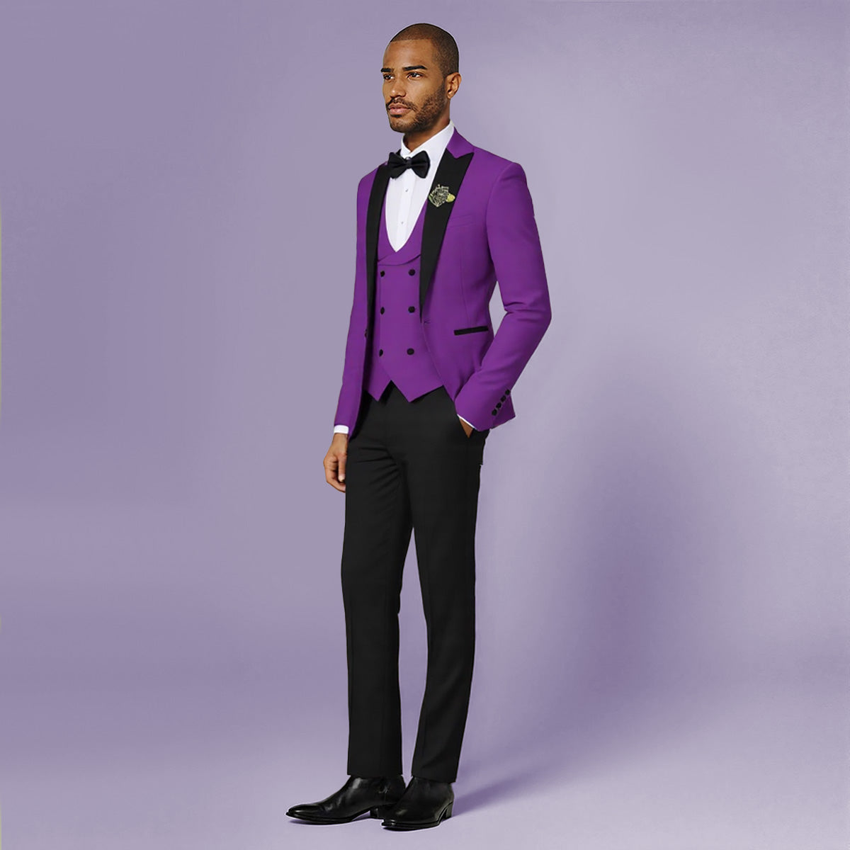 Purple # Men's slim fit 3-piece tuxedo suit with one-button peaked lapel and single-breasted closure, purple formal blazer jacket with matching vest and flat-front trousers with extended waist strap, elegant polyester viscose blend suit for wedding, prom, party and formal occasions, isolated on white background.