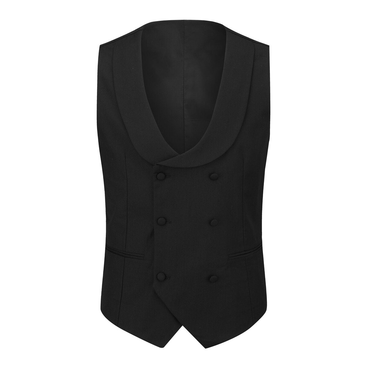 Black # Men's 3-piece tuxedo suit with one-button peaked lapel and slim fit single-breasted closure, black formal blazer jacket with matching vest and flat-front trousers with extended waist strap, elegant wedding tuxedo for prom, party, business and formal occasions, isolated on white background.