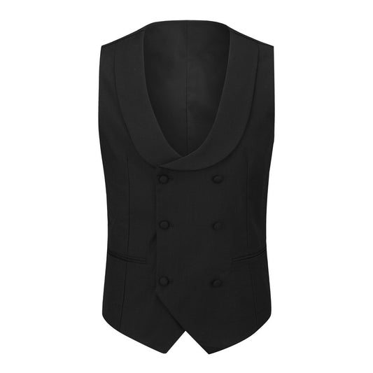Black # Men's 3-piece tuxedo suit with one-button peaked lapel and slim fit single-breasted closure, black formal blazer jacket with matching vest and flat-front trousers with extended waist strap, elegant wedding tuxedo for prom, party, business and formal occasions, isolated on white background.