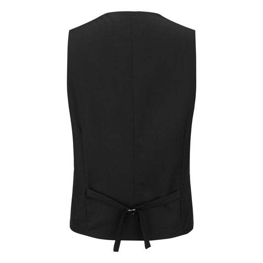 Black # Men's 3-piece tuxedo suit with one-button peaked lapel and slim fit single-breasted closure, black formal blazer jacket with matching vest and flat-front trousers with extended waist strap, elegant wedding tuxedo for prom, party, business and formal occasions, isolated on white background.