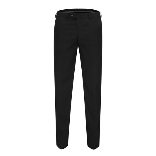 Black # Men's 3-piece tuxedo suit with one-button peaked lapel and slim fit single-breasted closure, black formal blazer jacket with matching vest and flat-front trousers with extended waist strap, elegant wedding tuxedo for prom, party, business and formal occasions, isolated on white background.
