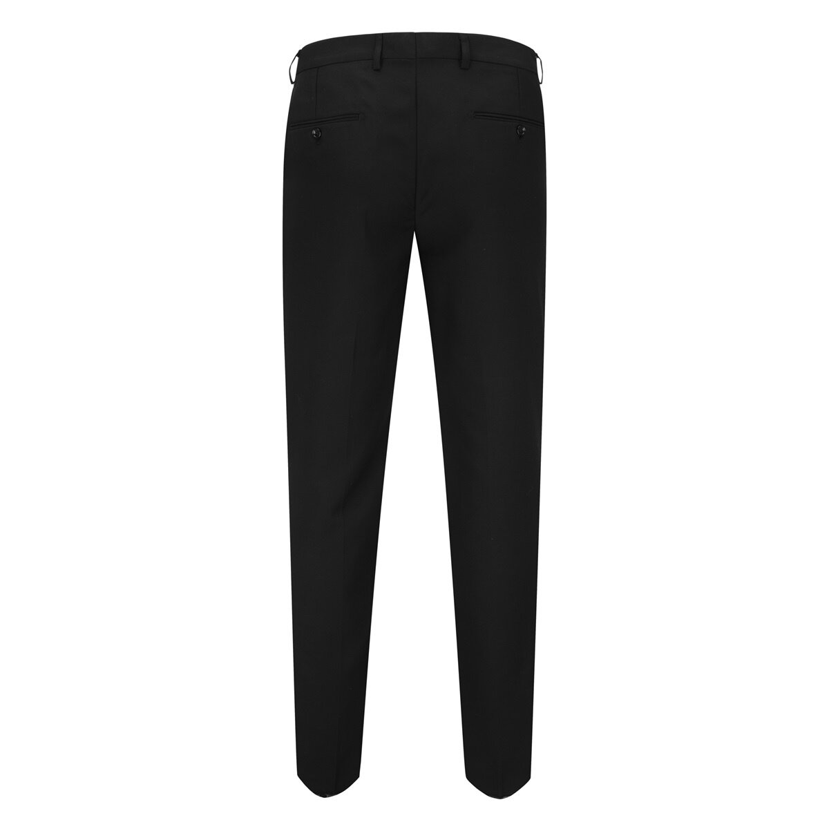 Black # Men's 3-piece tuxedo suit with one-button peaked lapel and slim fit single-breasted closure, black formal blazer jacket with matching vest and flat-front trousers with extended waist strap, elegant wedding tuxedo for prom, party, business and formal occasions, isolated on white background.