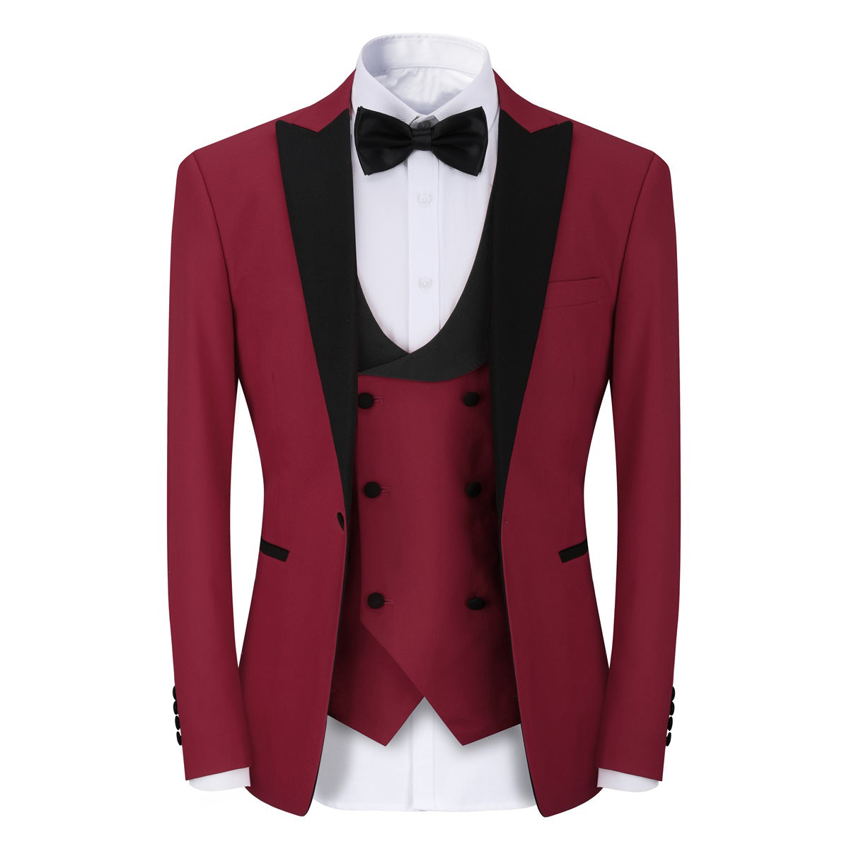 Wine Red # Men's 3-piece tuxedo suit with one-button slim fit and peaked lapel, wine red formal blazer jacket with matching vest and flat-front trousers with extended waist strap, classic elegant wedding suit for prom, party and special occasions, isolated on white background.