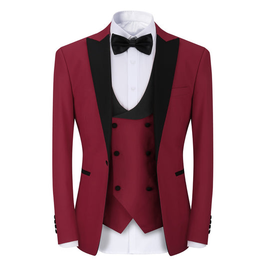 Wine Red # Men's 3-piece tuxedo suit with one-button slim fit and peaked lapel, wine red formal blazer jacket with matching vest and flat-front trousers with extended waist strap, classic elegant wedding suit for prom, party and special occasions, isolated on white background.
