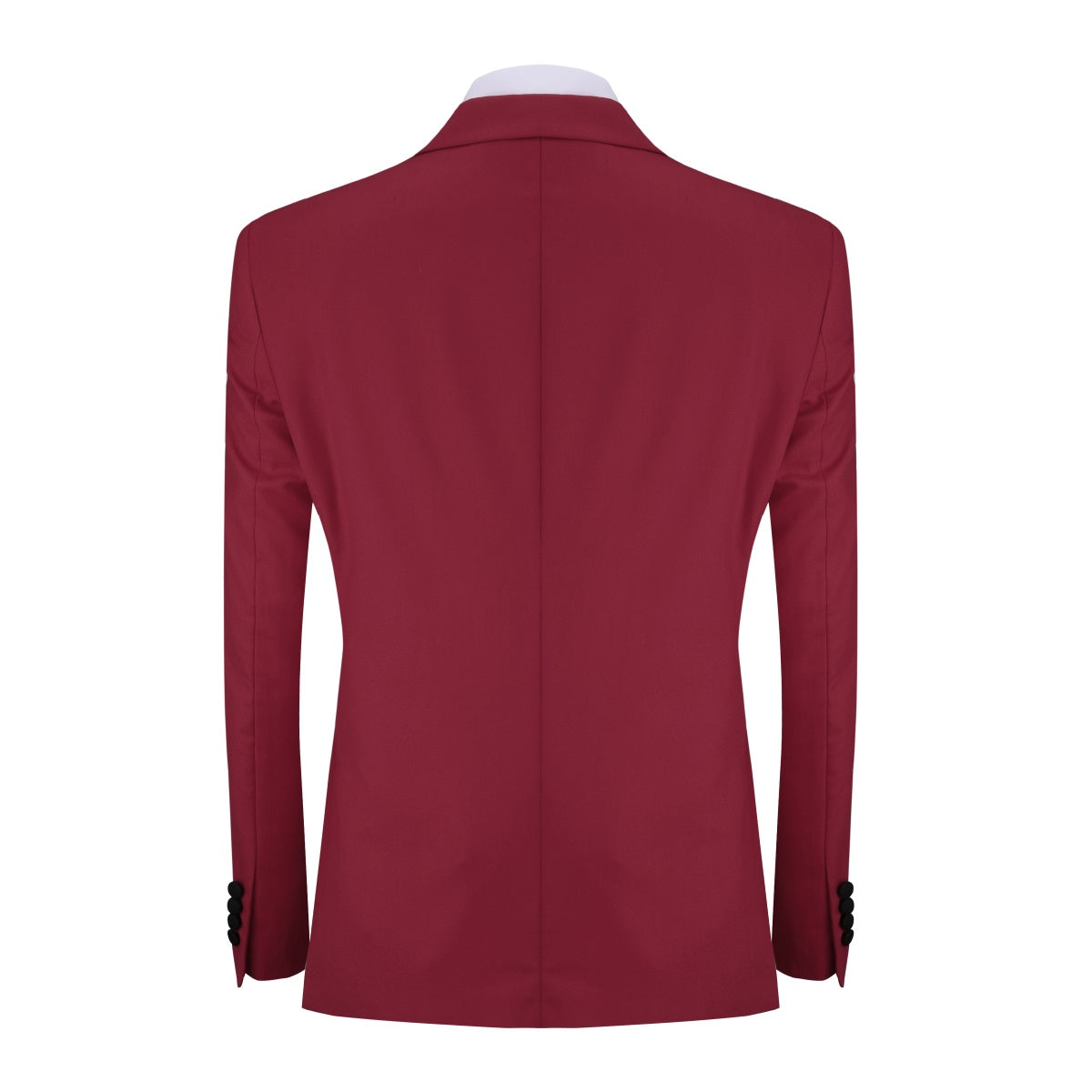 Wine Red # Men's 3-piece tuxedo suit with one-button slim fit and peaked lapel, wine red formal blazer jacket with matching vest and flat-front trousers with extended waist strap, classic elegant wedding suit for prom, party and special occasions, isolated on white background.