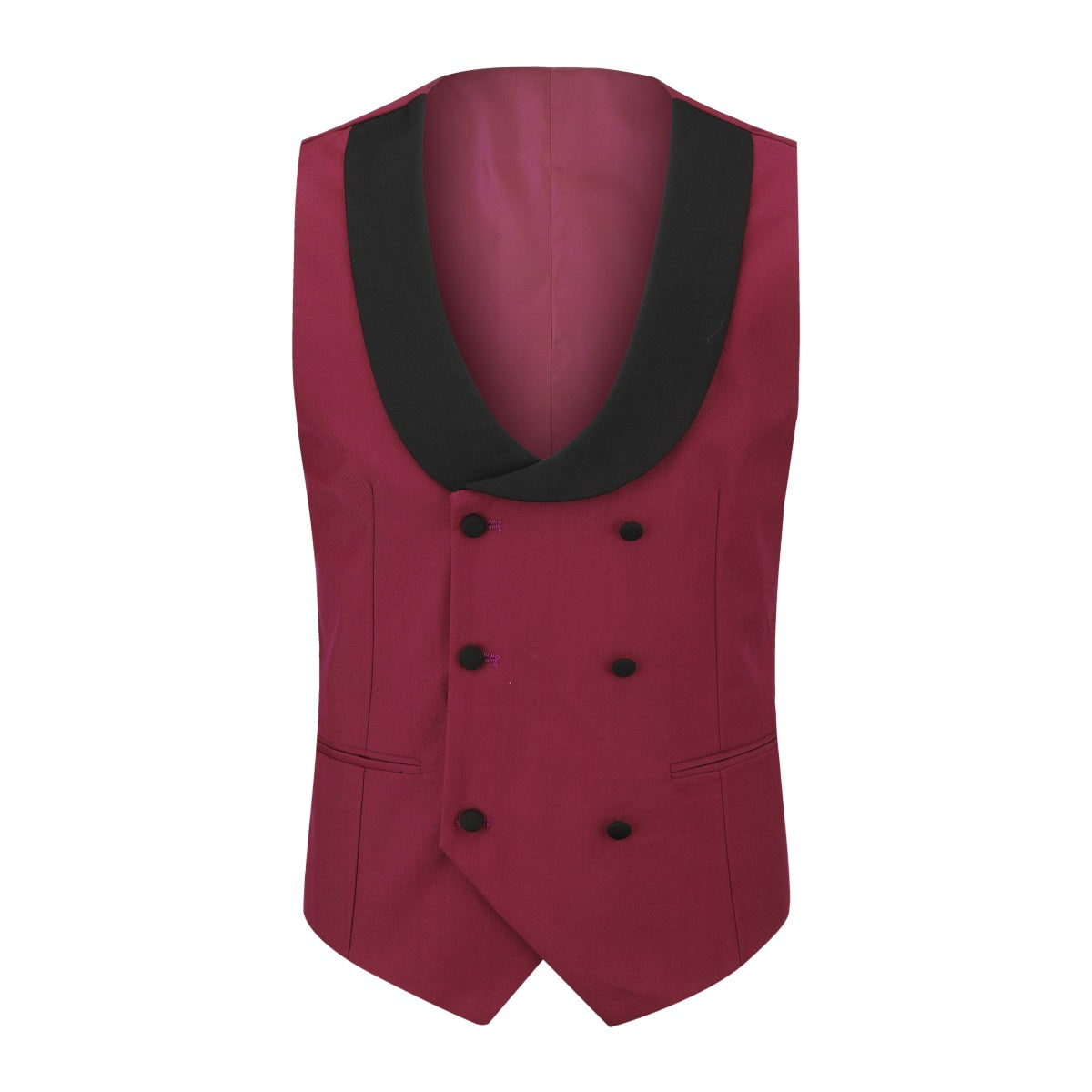 Wine Red # Men's 3-piece tuxedo suit with one-button slim fit and peaked lapel, wine red formal blazer jacket with matching vest and flat-front trousers with extended waist strap, classic elegant wedding suit for prom, party and special occasions, isolated on white background.