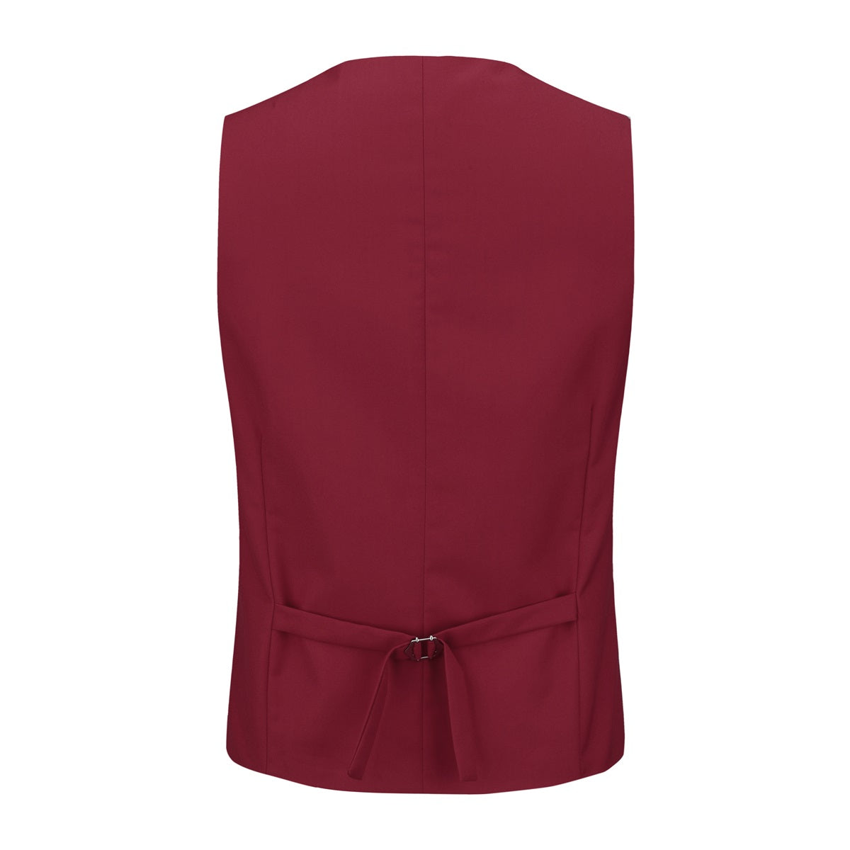 Wine Red # Men's 3-piece tuxedo suit with one-button slim fit and peaked lapel, wine red formal blazer jacket with matching vest and flat-front trousers with extended waist strap, classic elegant wedding suit for prom, party and special occasions, isolated on white background.