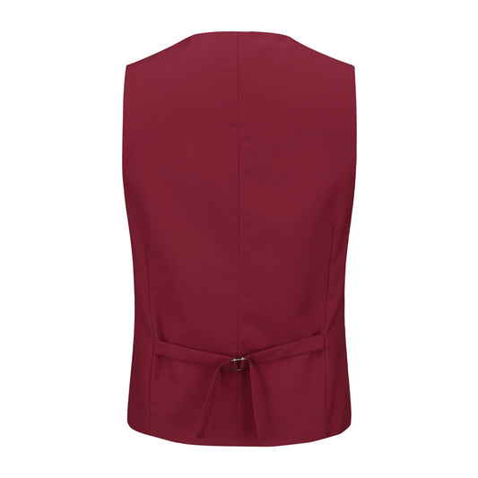 Wine Red # Men's 3-piece tuxedo suit with one-button slim fit and peaked lapel, wine red formal blazer jacket with matching vest and flat-front trousers with extended waist strap, classic elegant wedding suit for prom, party and special occasions, isolated on white background.