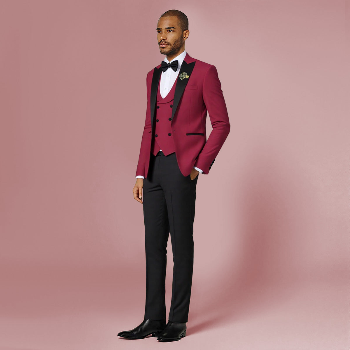 Wine Red # Men's 3-piece tuxedo suit with one-button slim fit and peaked lapel, wine red formal blazer jacket with matching vest and flat-front trousers with extended waist strap, classic elegant wedding suit for prom, party and special occasions, isolated on white background.