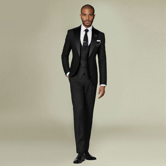 Black # Men's 3-piece fashion one-button color-blocking suit with peaked lapel and slim fit, black paneled formal blazer jacket with matching vest and flat-front trousers with extended waist strap, versatile polyester viscose blend suit for business, wedding, prom and daily wear, isolated on white background.