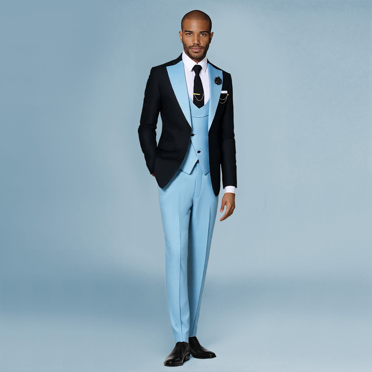 Light Blue # Men's 3-piece fashion one-button color-blocking suit with peaked lapel and slim fit, light blue paneled formal blazer jacket with matching vest and flat-front trousers with extended waist strap, versatile polyester viscose blend suit for business, wedding, prom and daily wear, isolated on white background.