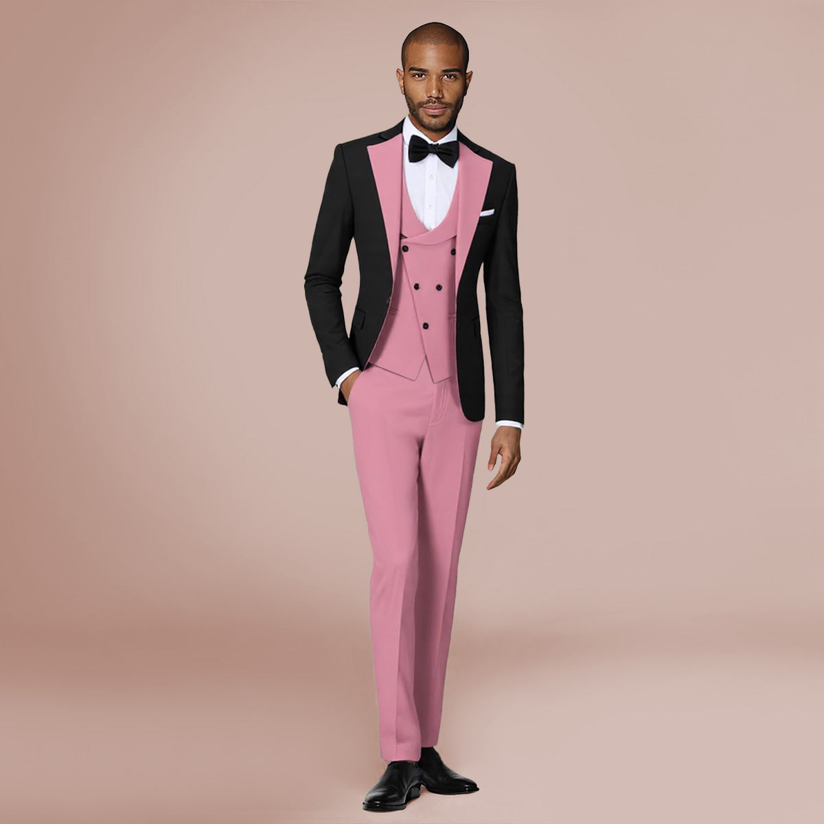 Pink # Men's 3-piece fashion one-button color-blocking suit with peaked lapel and slim fit, pink paneled formal blazer jacket with matching vest and flat-front trousers with extended waist strap, versatile polyester viscose blend suit for business, wedding, prom and daily wear, isolated on white background.