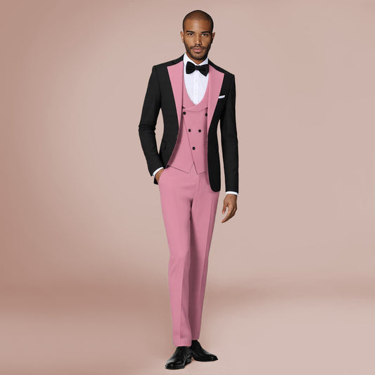 Pink # Men's 3-piece fashion one-button color-blocking suit with peaked lapel and slim fit, pink paneled formal blazer jacket with matching vest and flat-front trousers with extended waist strap, versatile polyester viscose blend suit for business, wedding, prom and daily wear, isolated on white background.