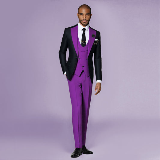 Purple # Men's 3-piece fashion one-button color-blocking suit with peaked lapel and slim fit, purple paneled formal blazer jacket with matching vest and flat-front trousers with extended waist strap, versatile polyester viscose blend suit for business, wedding, prom and daily wear, isolated on white background.