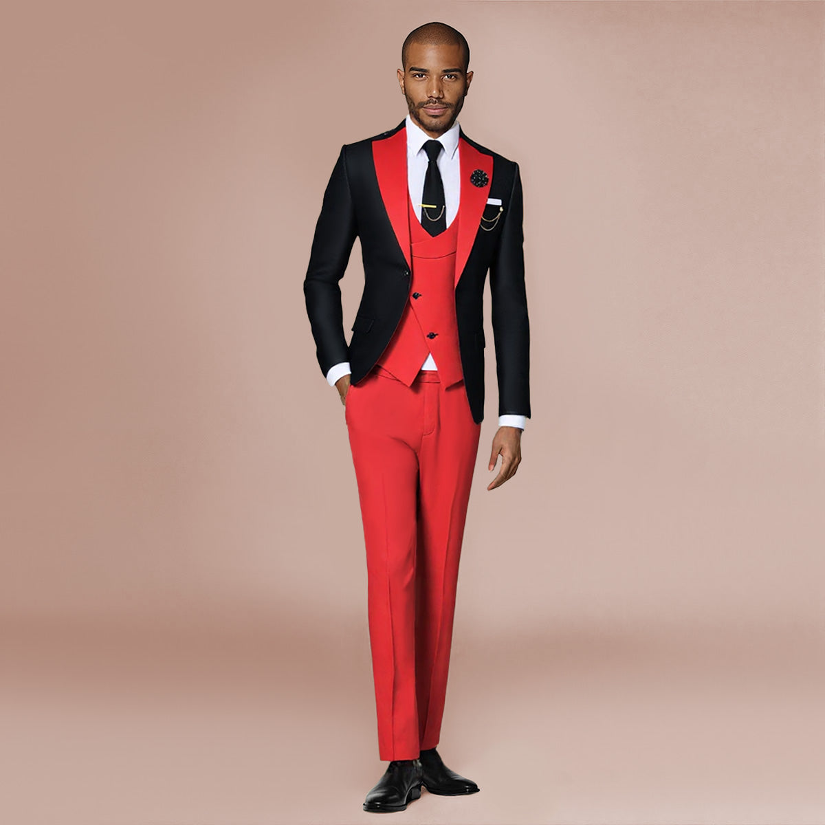 Red # Men's 3-piece fashion one-button color-blocking suit with peaked lapel and slim fit, red paneled formal blazer jacket with matching vest and flat-front trousers with extended waist strap, versatile polyester viscose blend suit for business, wedding, prom and daily wear, isolated on white background.