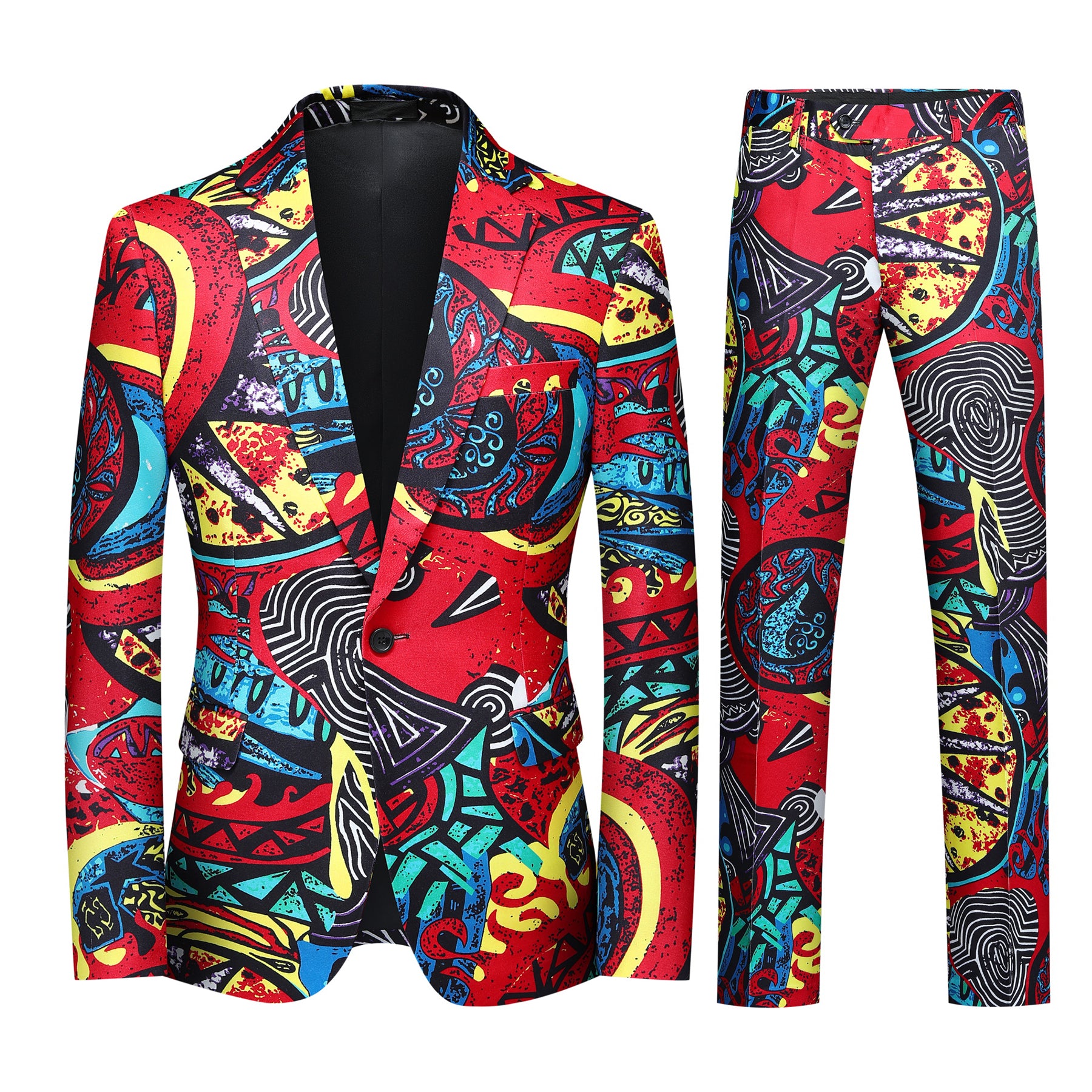 Multi-color # Men's slim fit 2-piece ethnic style print suit with one-button peaked lapel and plaid stripe design, colorful casual blazer jacket with 4-button cuffs and fully lined interior, matching trousers for party, dinner, wedding and daily wear, isolated on white background.