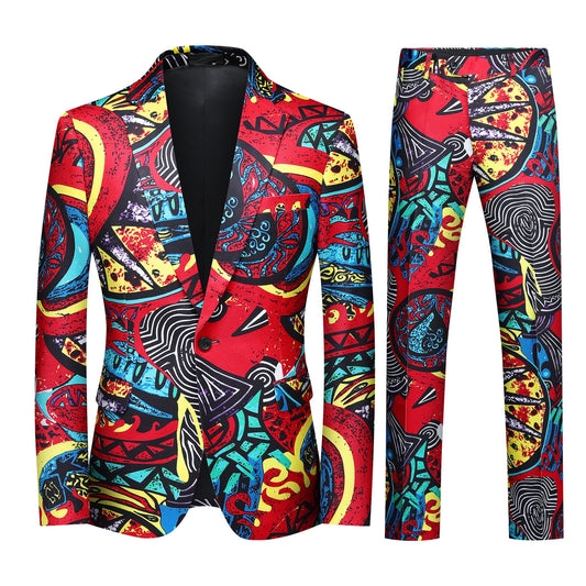 Multi-color # Men's slim fit 2-piece ethnic style print suit with one-button peaked lapel and plaid stripe design, colorful casual blazer jacket with 4-button cuffs and fully lined interior, matching trousers for party, dinner, wedding and daily wear, isolated on white background.
