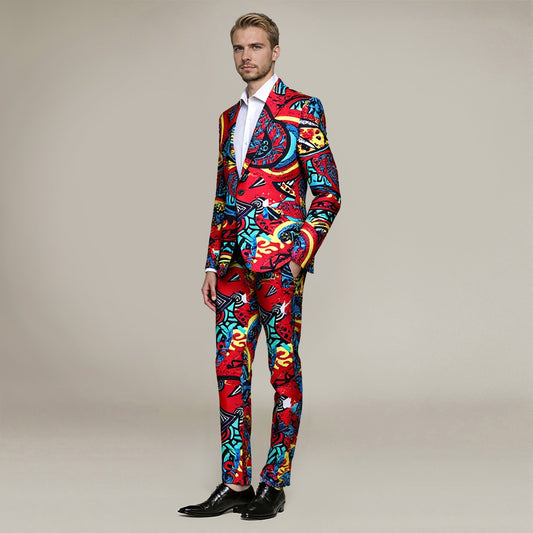 Multi-color # Men's slim fit 2-piece ethnic style print suit with one-button peaked lapel and plaid stripe design, colorful casual blazer jacket with 4-button cuffs and fully lined interior, matching trousers for party, dinner, wedding and daily wear, isolated on white background.