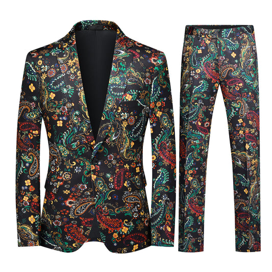 Multi # Men's 2-piece ethnic style print suit with one-button peaked lapel and slim fit, plaid and stripe patterned blazer jacket with matching trousers, fully lined formal wear for party, dinner, wedding and special occasions, isolated on white background.